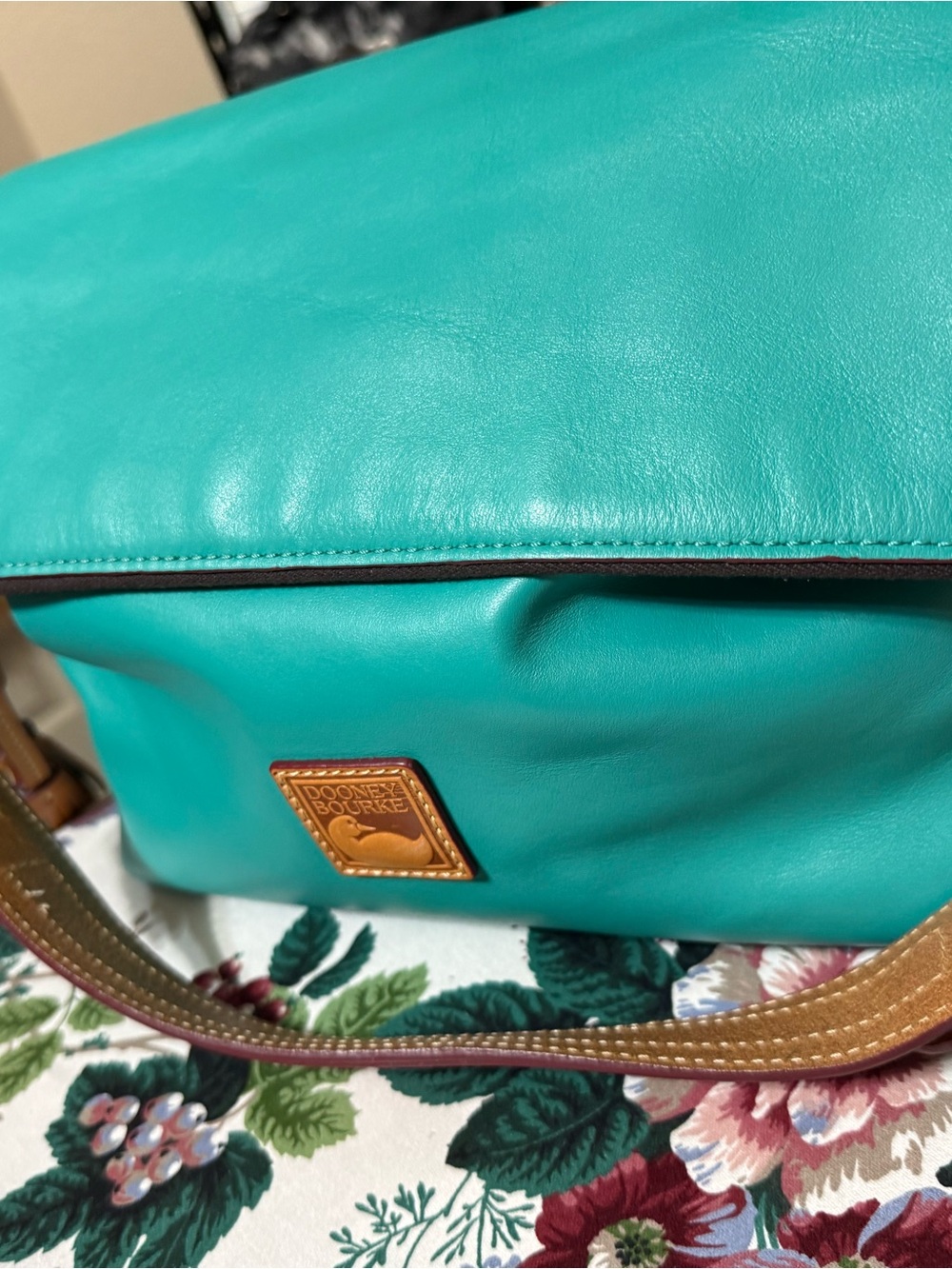 Dooney & Bourke McKenzie Teal Leather Hobo Shoulder Bag with Tan Trim - Picture 14 of 14